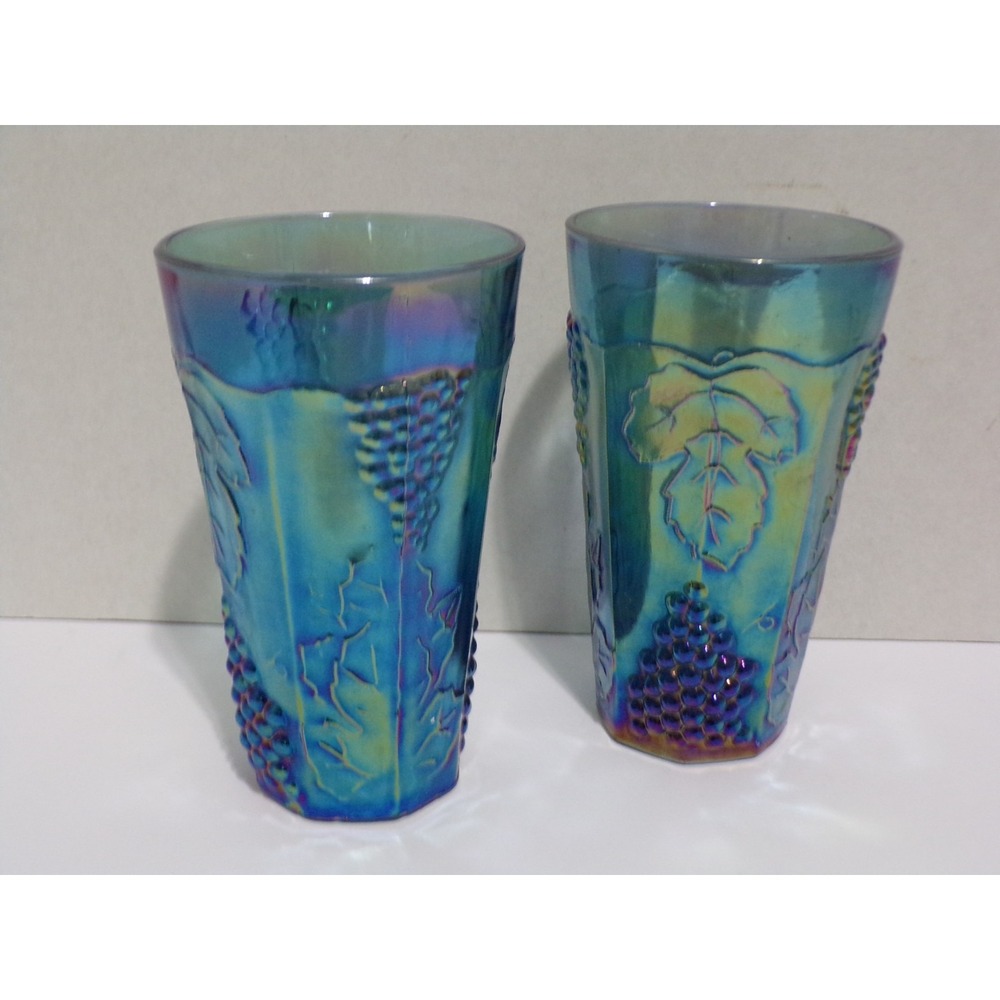 Set of 2 Blue Green Depression Glass Drinking Glasses 12oz Grapevine Design Vtg.